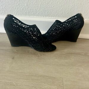 Aquatalia Black Wedge Shoes with Peep-Toe and Perforated Design